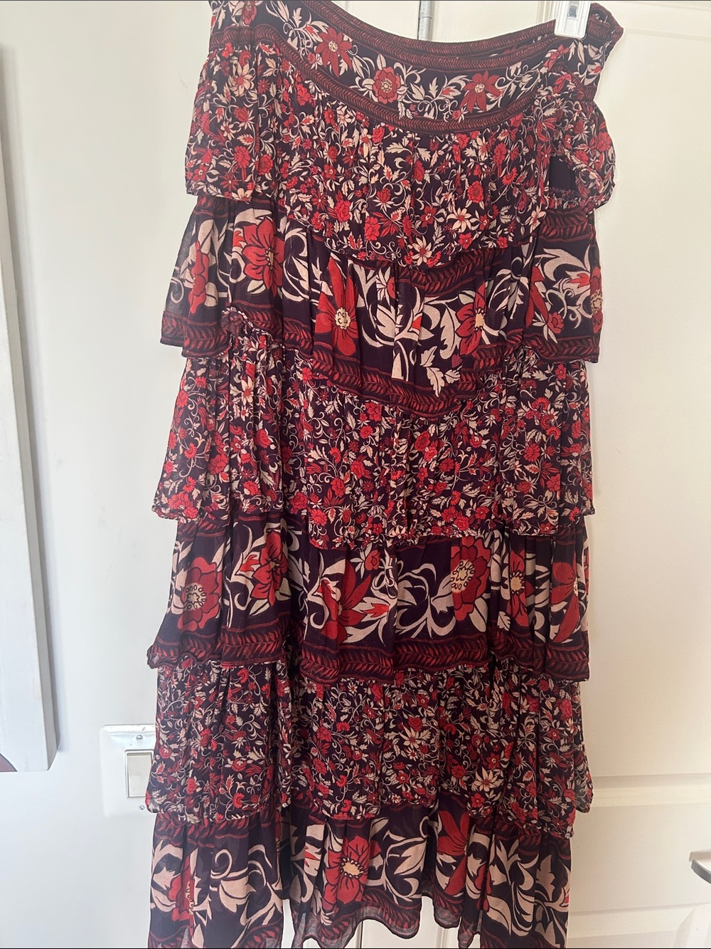 FARM Rio (Saks Fifth Avenue) Tiered Floral Maxi Skirt in Burgundy Red Cream L